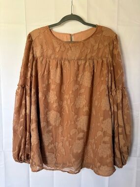 Flowy Tan Floral Long Sleeve Blouse - Size XL